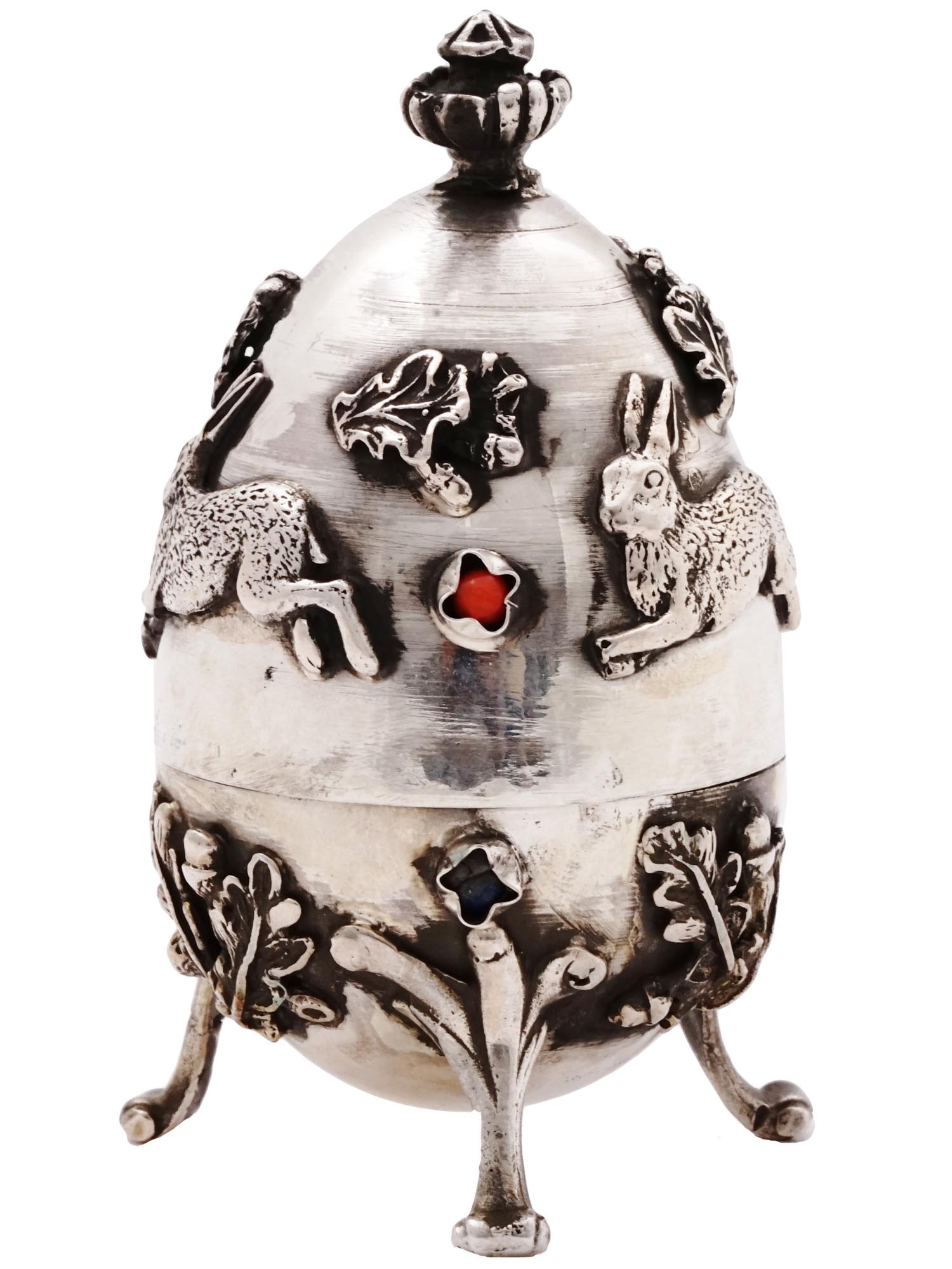 RUSSIAN 84 SILVER GEM STONES EGG BOX W FIGURINES PIC-0